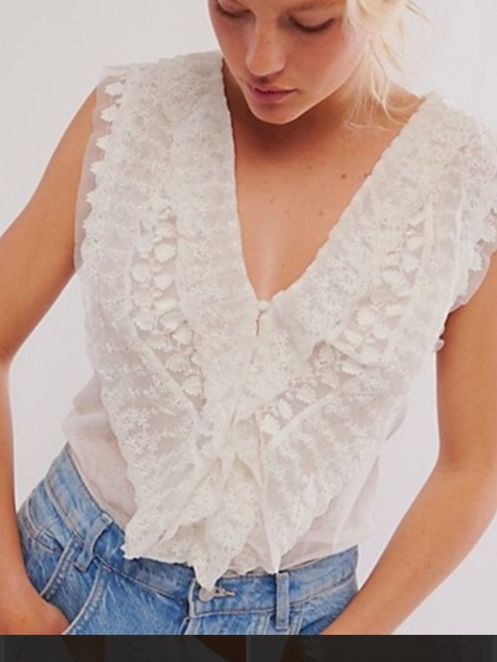 Free People Ivory Lace Ruffle V-Neck Blouse